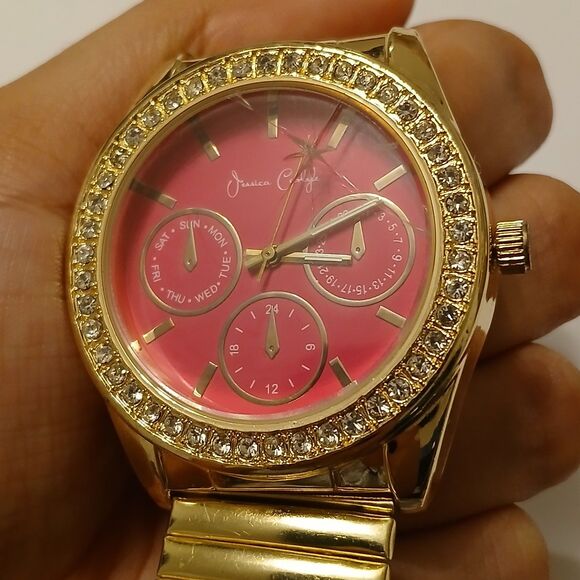 Jessica Carlyle Gold Tone Stretch Band Pink Face Rhinestone Bezel Quartz Watch - Picture 7 of 15
